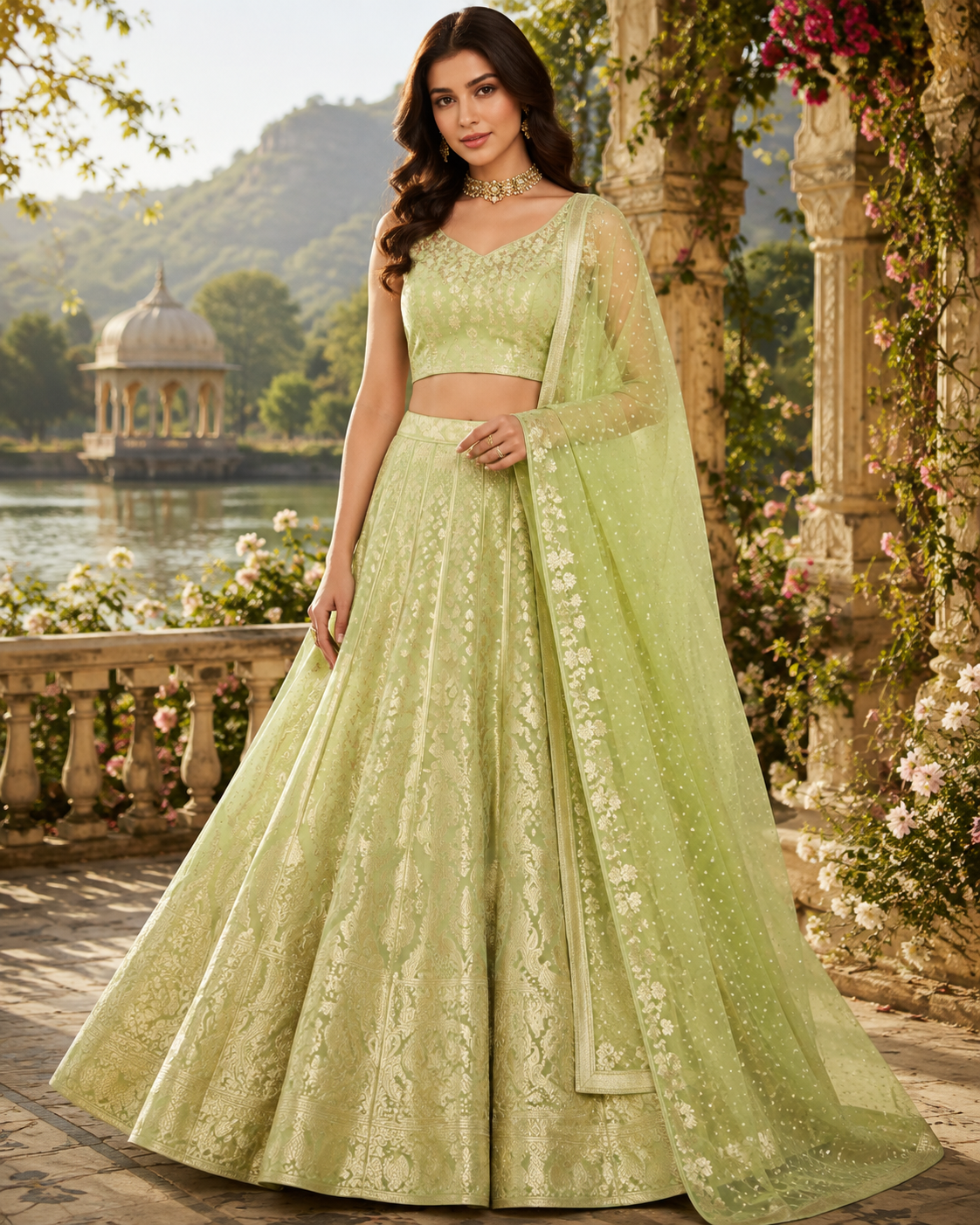 Pastel Green Art Silk Designer Lehenga with Floral Zari Weaving