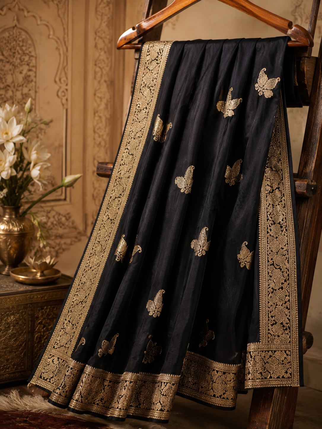 Designer Fendi Satin Saree with Gold Zari Bootis