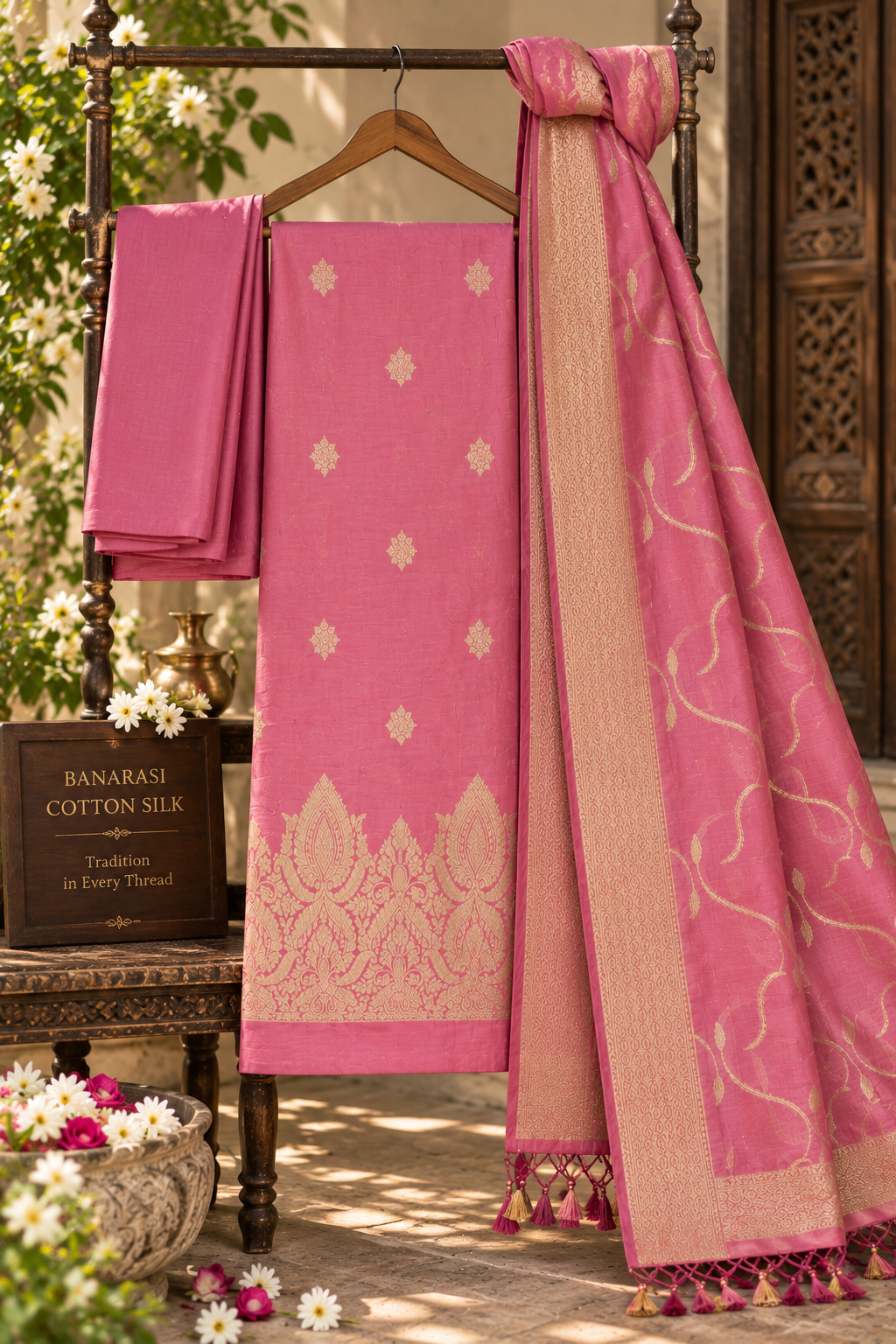 Royal Banarasi Zari Woven Unstitched Moonga Silk 3-Piece Suit Set with Matching Dupatta