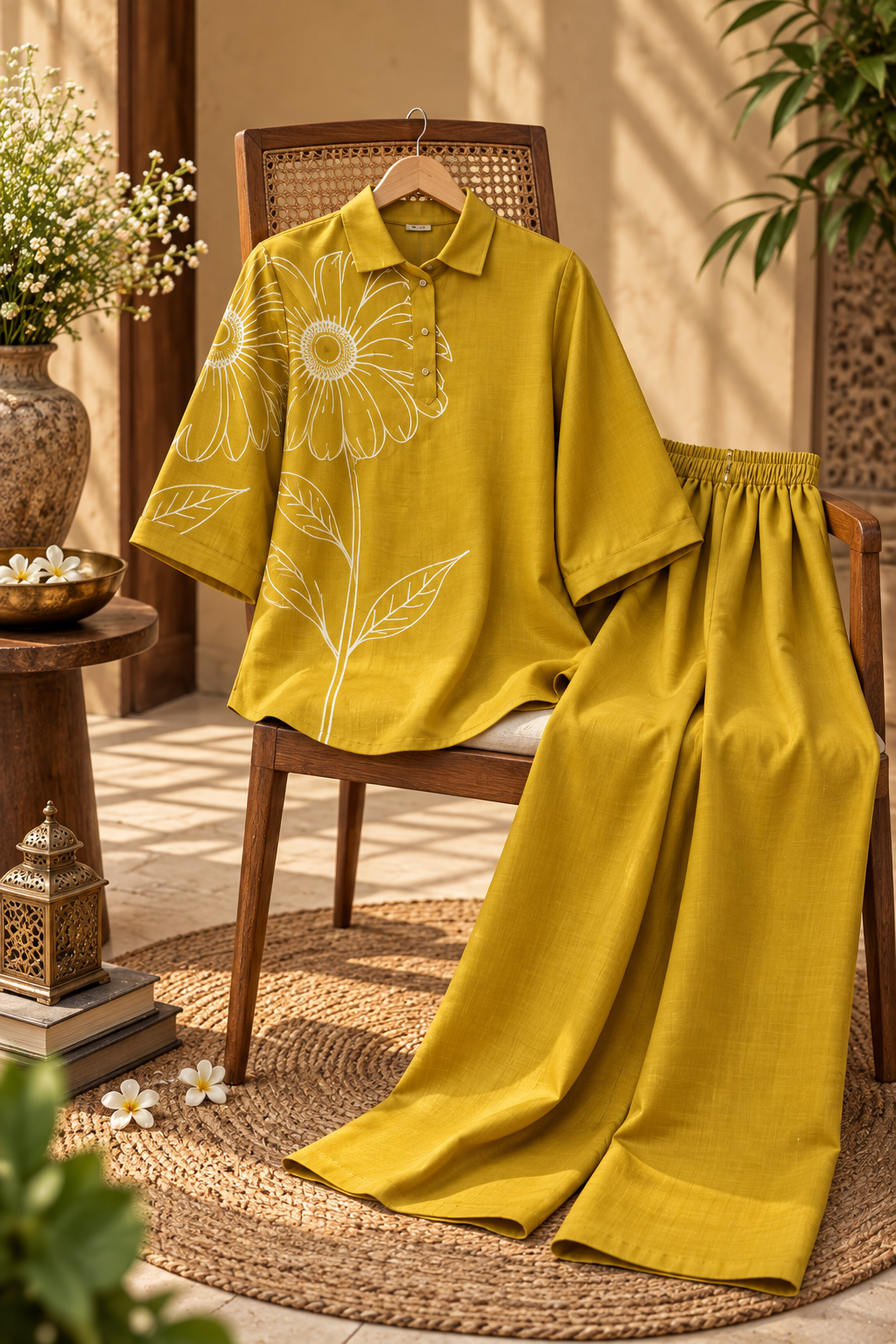 Mustard Yellow Sunflower Line-Embroidered Cotton Co-Ord Set