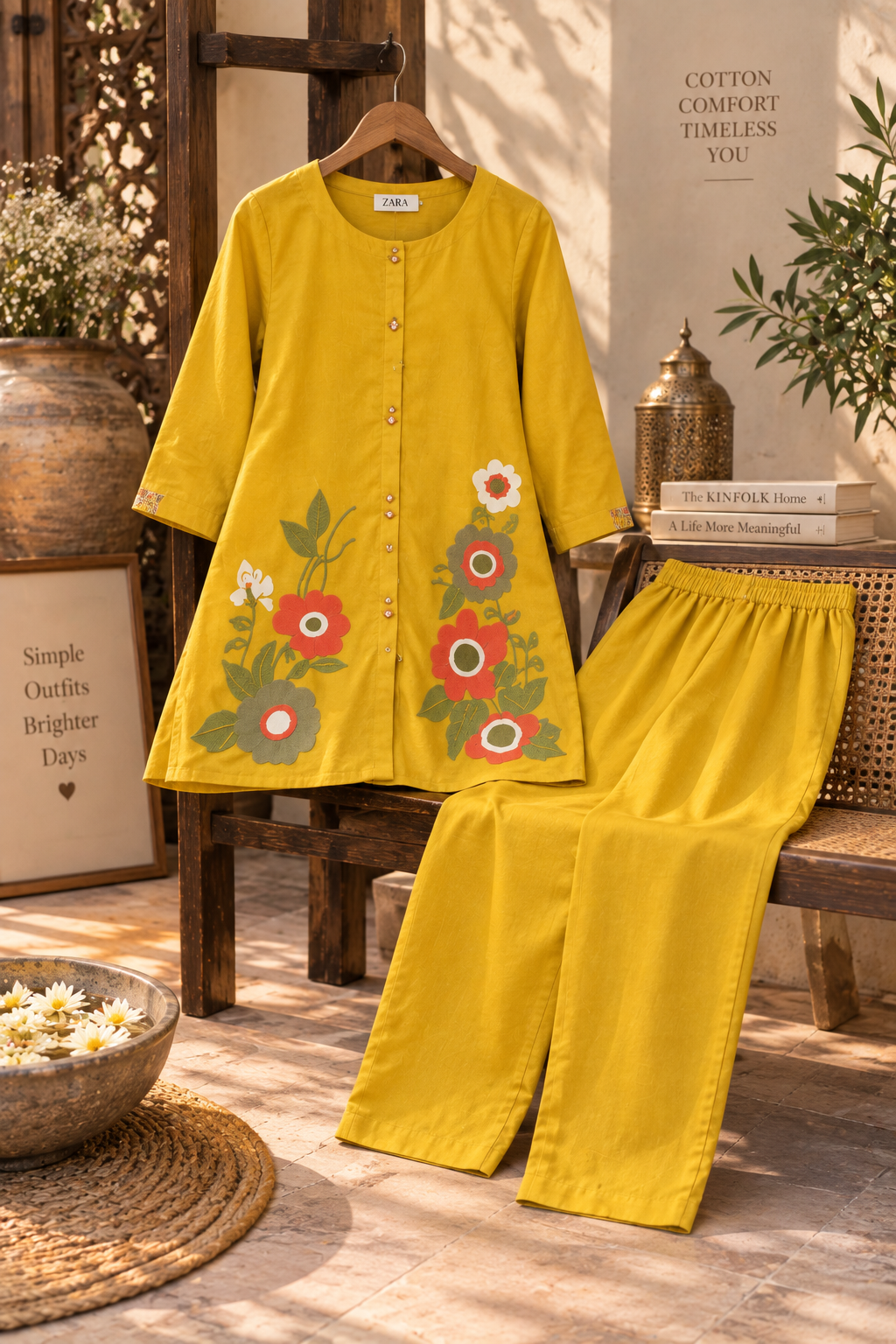 Mustard Yellow Floral Appliqué Cotton Co-Ord Set