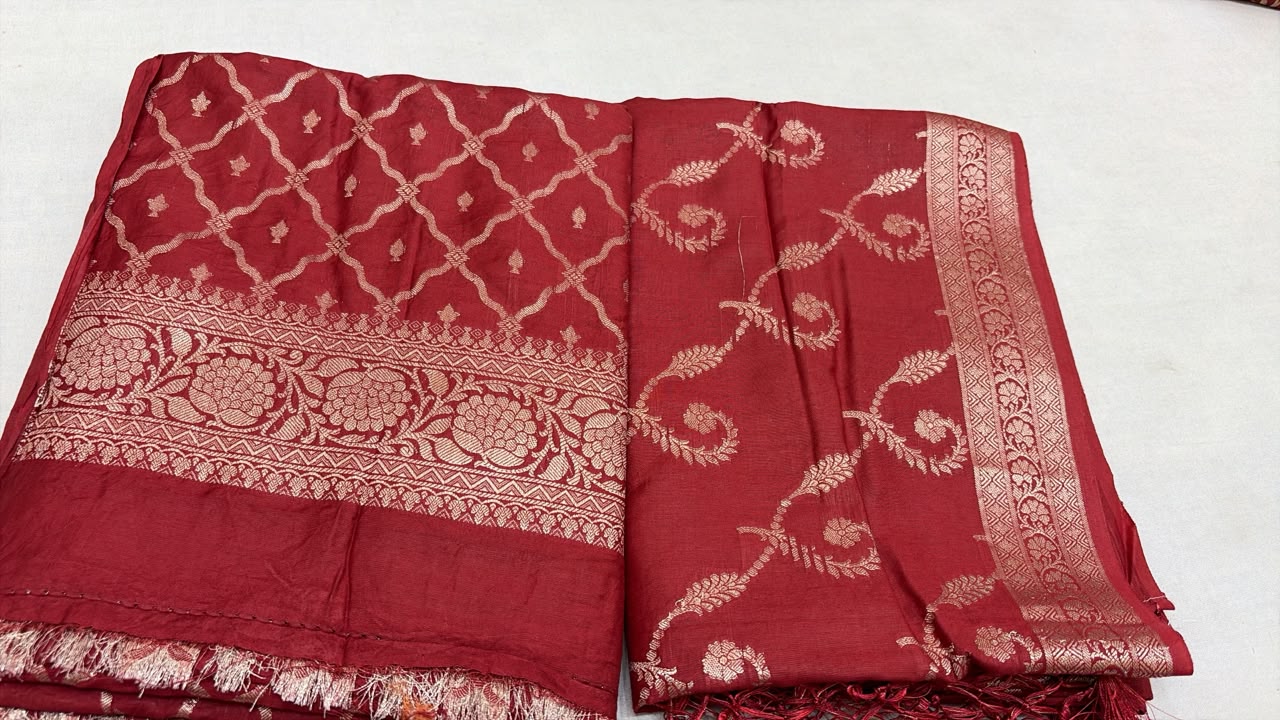 Luxury Banarasi Zari Woven Unstitched Moonga Silk 3-Piece Suit Set with Geometric Lattice Dupatta