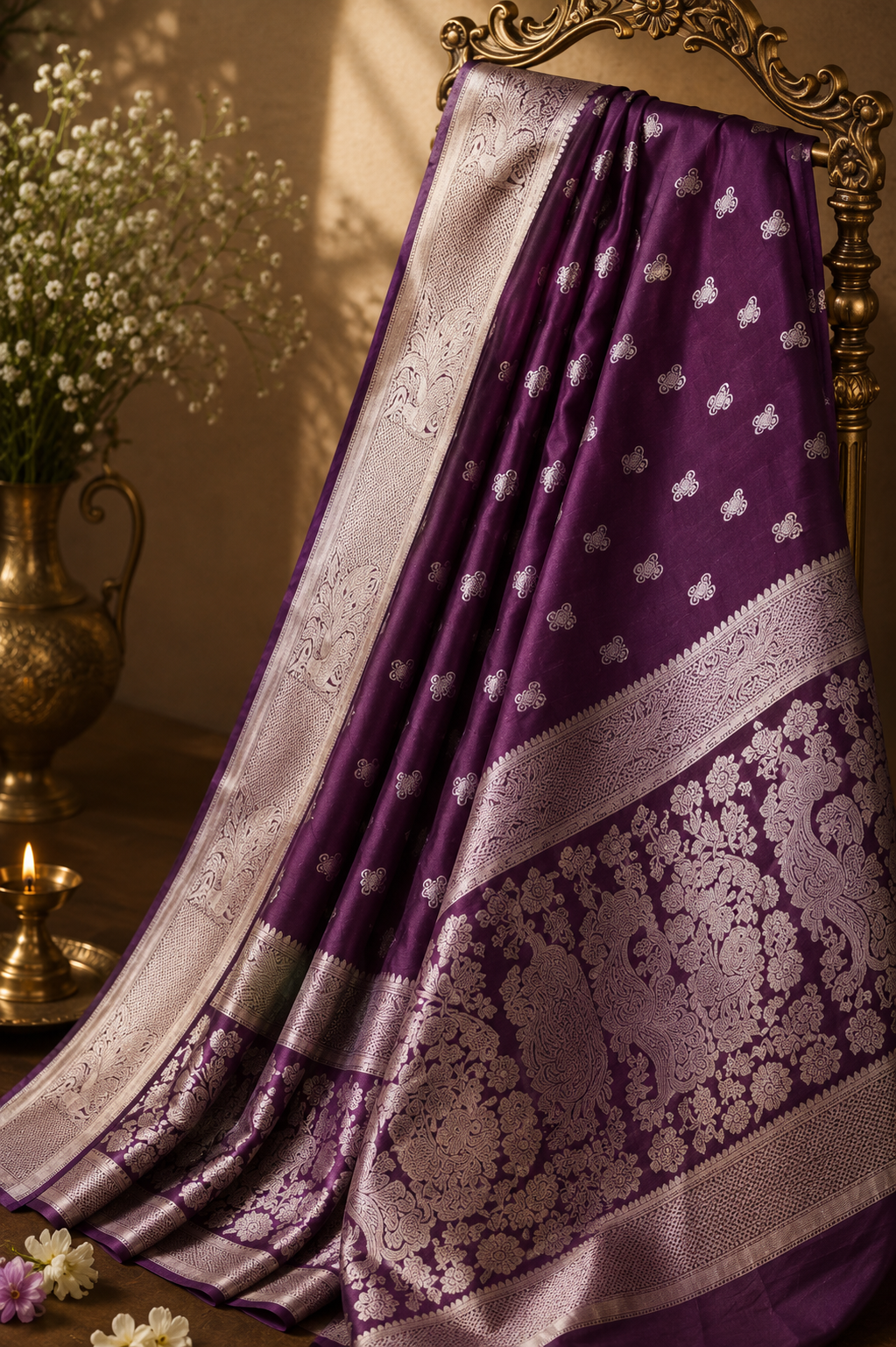 Luxurious Satin Silk Saree with All-Over Gold Zari