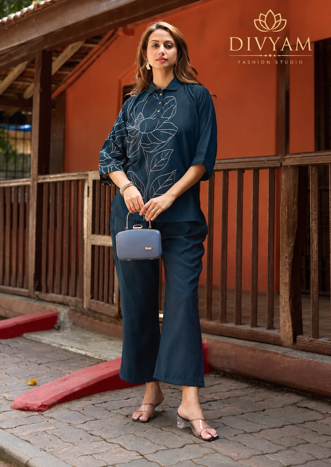Navy Blue Floral Line-Embroidered Cotton Co-Ord Set