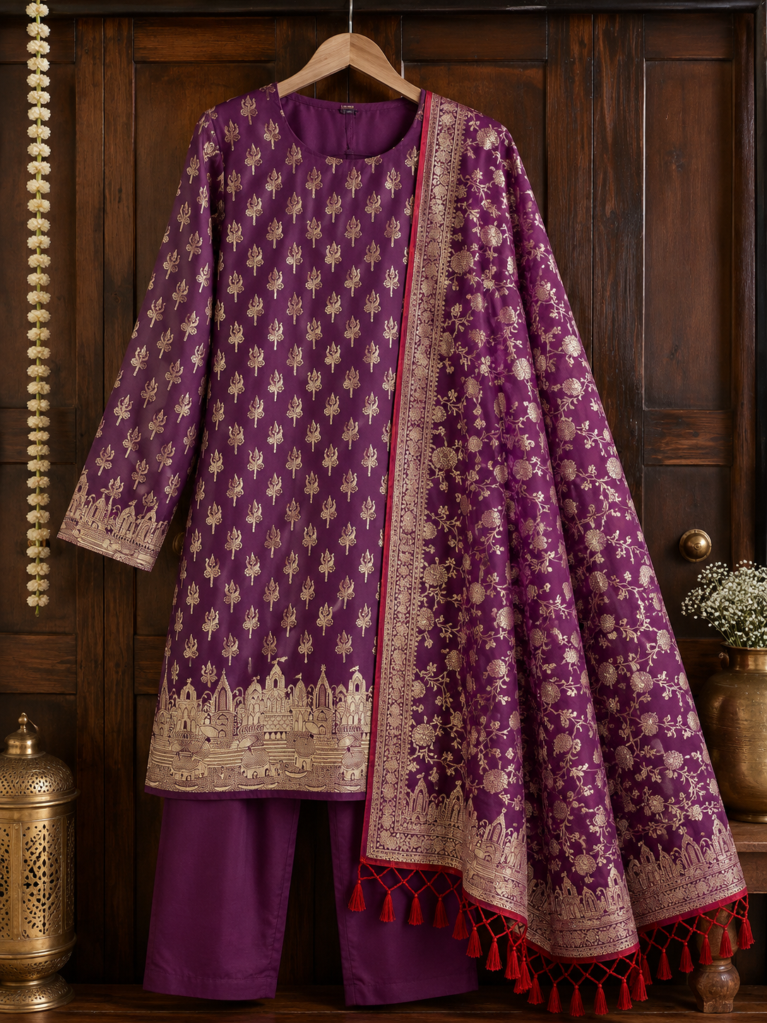 Art Silk Unstitched Salwar Suit Set with Zari Dupatta