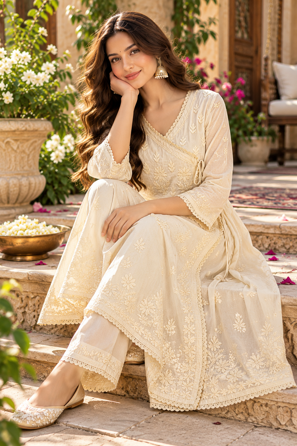 Pale Yellow Cotton Lucknowi Chikankari Angrakha Anarkali Kurta