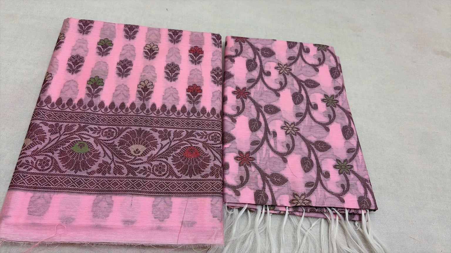 Blush Pink Unstitched Cotton Silk Suit Set with Wine Banarasi Zari Weaving
