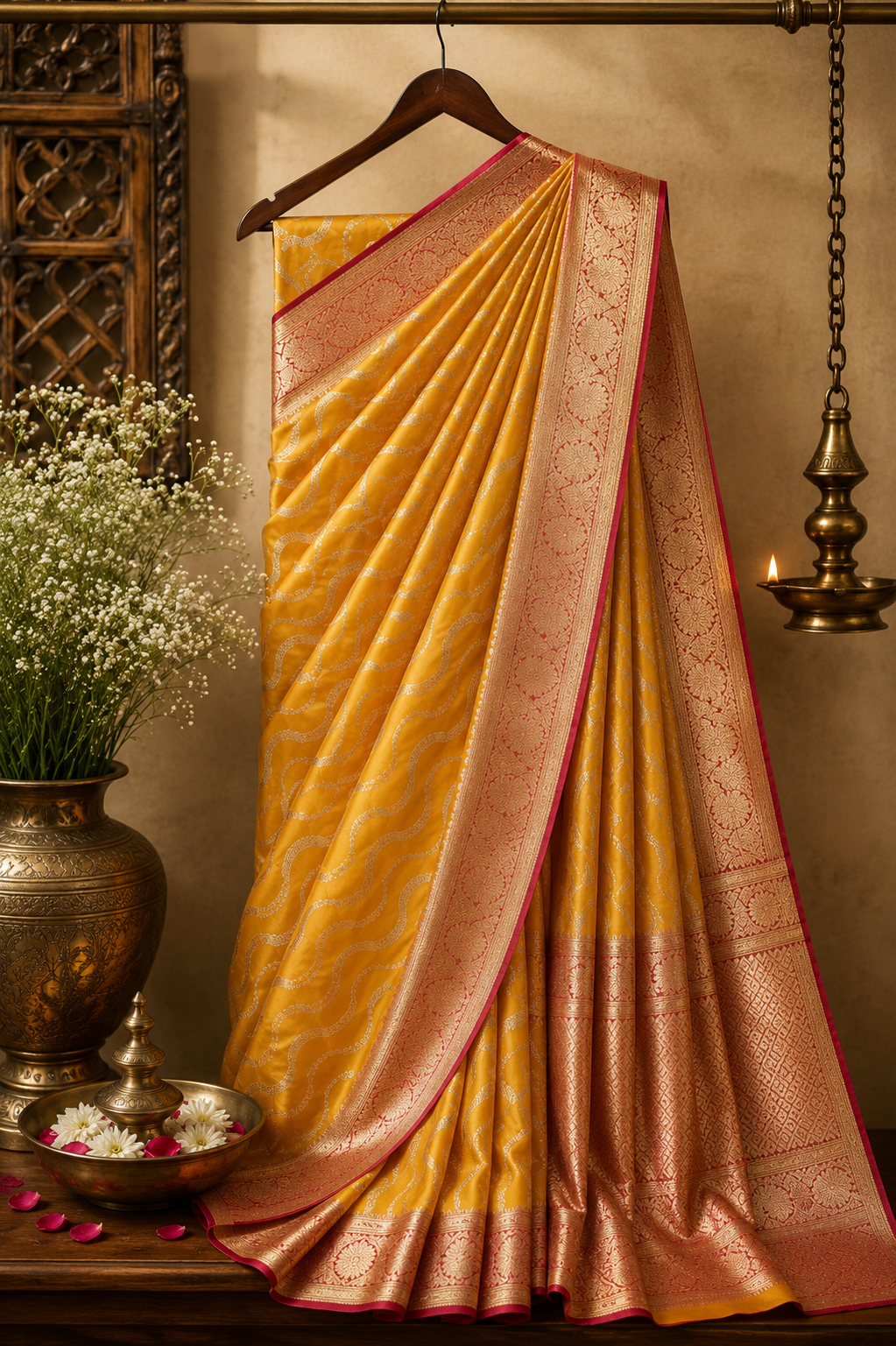 Luxurious Satin Silk Saree with Wavy Zari Patterns and Brocade Border