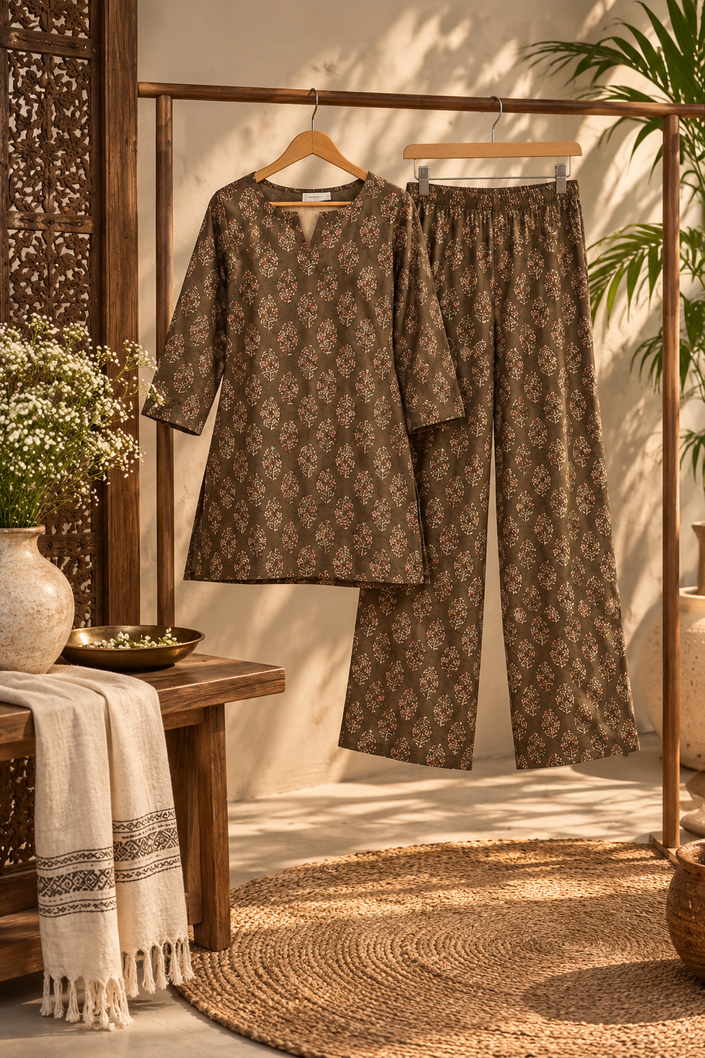 Olive Green Botanical Printed Cotton Co-Ord Set