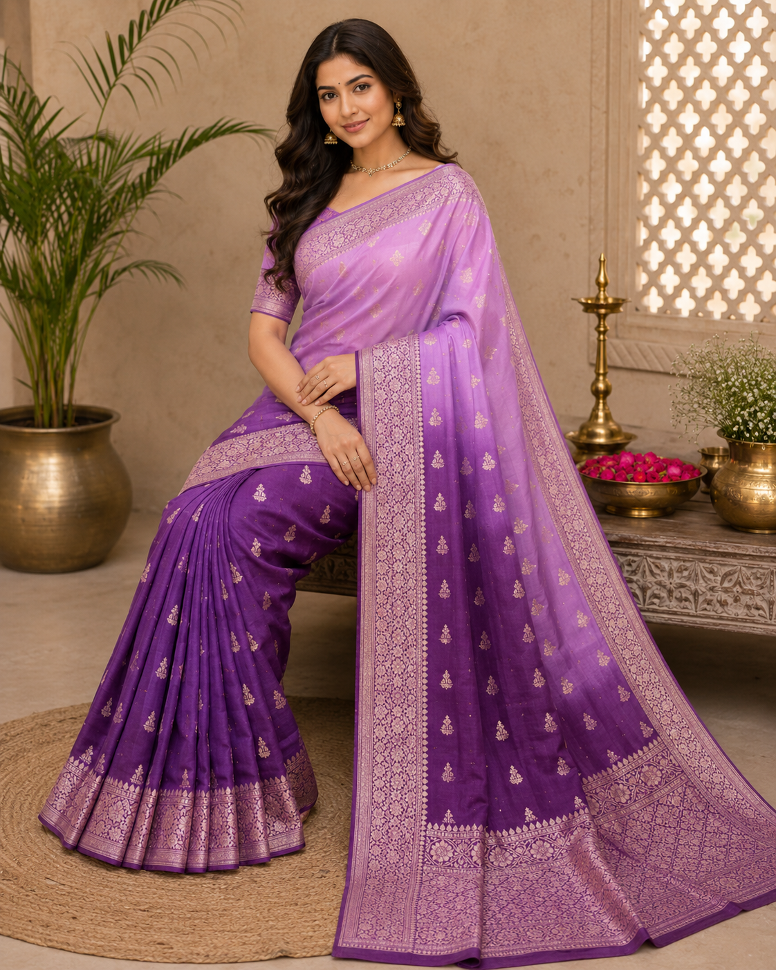 Dual-Tone Lilac & Deep Purple Ombre Moonga Muslin Saree with Zari Booti