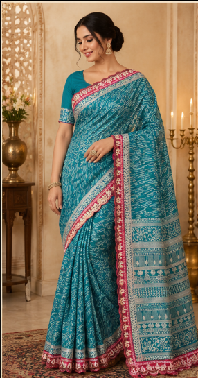 Teal Butta Banarasi Silk Saree with Designer Pink Border