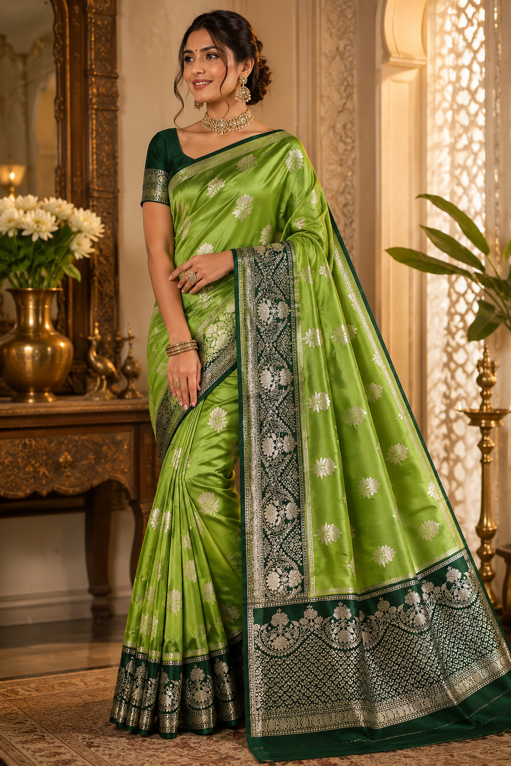 Katan Silk Saree with Floral Zari Butti & Rich Brocade Pallu