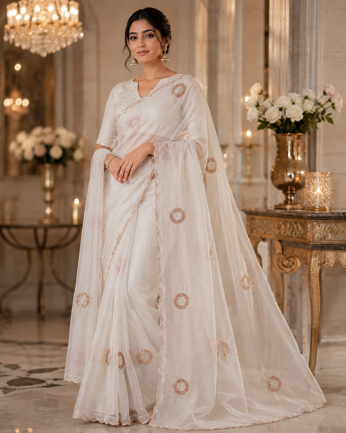 Off-White Soft Organza Saree with Rose Gold Sequin Necklace Motifs & Scallop Border