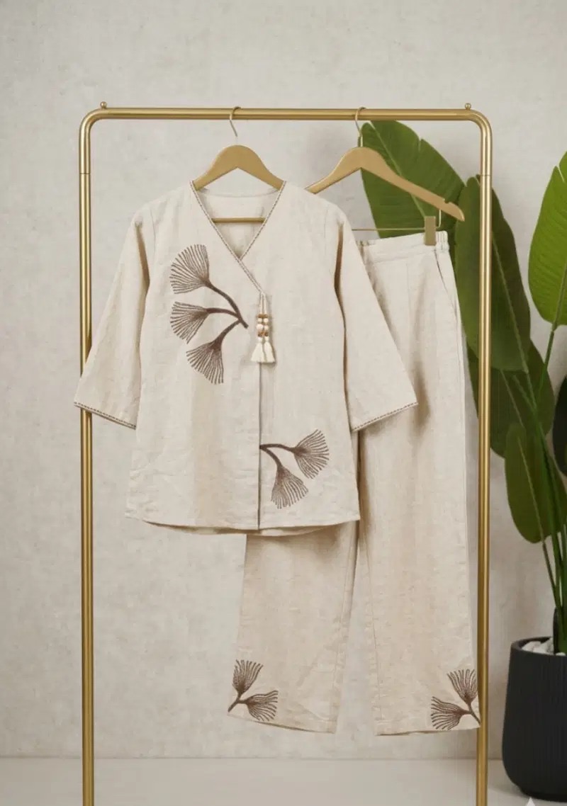 Beige Angrakha Ginkgo Embroidered Cotton Co-Ord Set