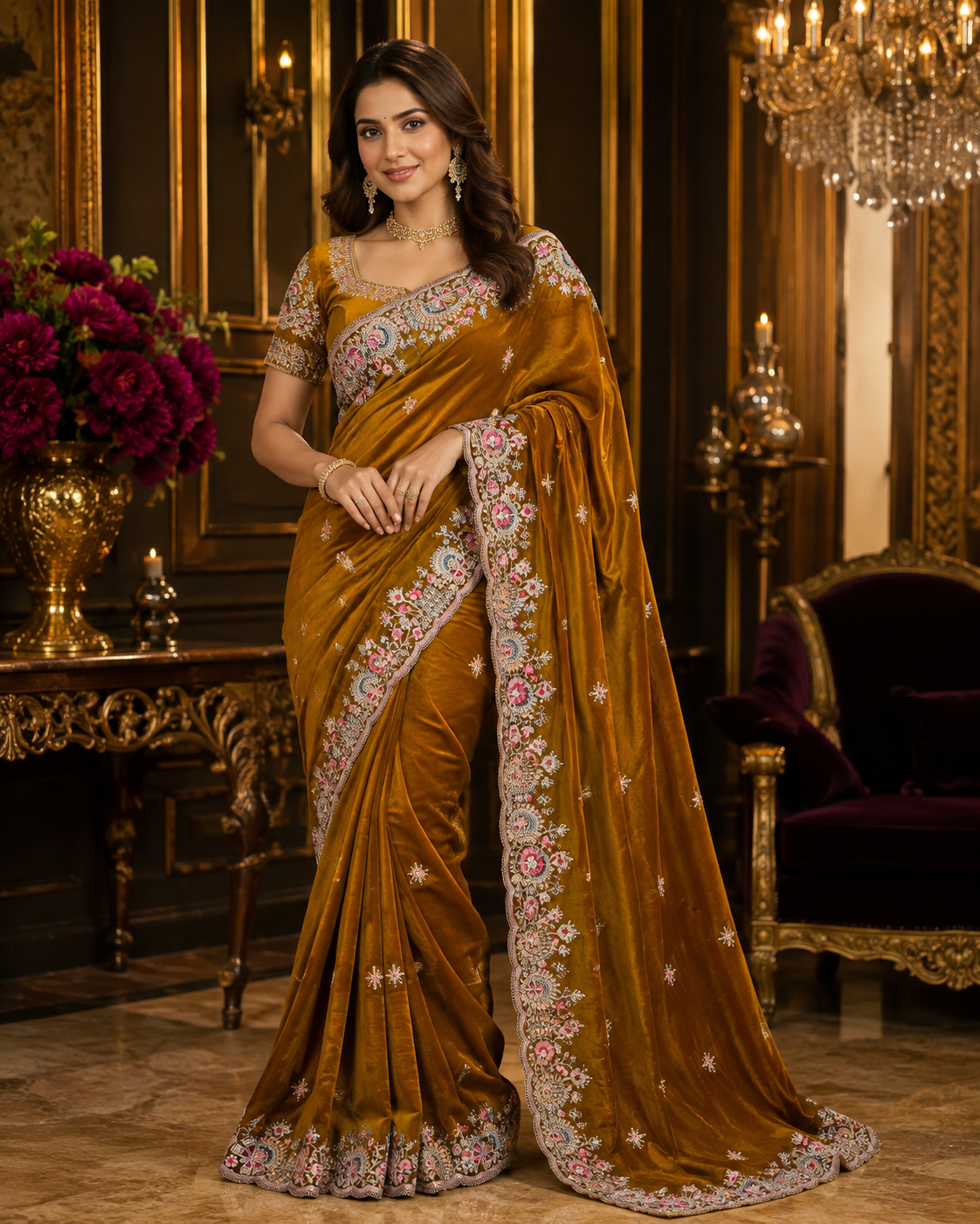 Shofiya Soft Fendy Satin Embroidered Saree with Cording & Sequin Work
