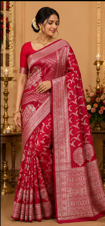 Printed Semi Katan Silk Saree with Silver Zari Weaving