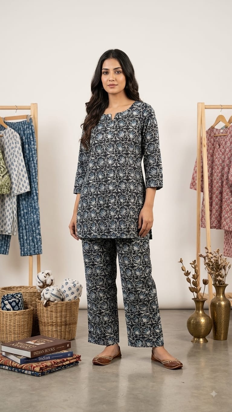 Midnight Blue Floral Printed Cotton Co-Ord Set