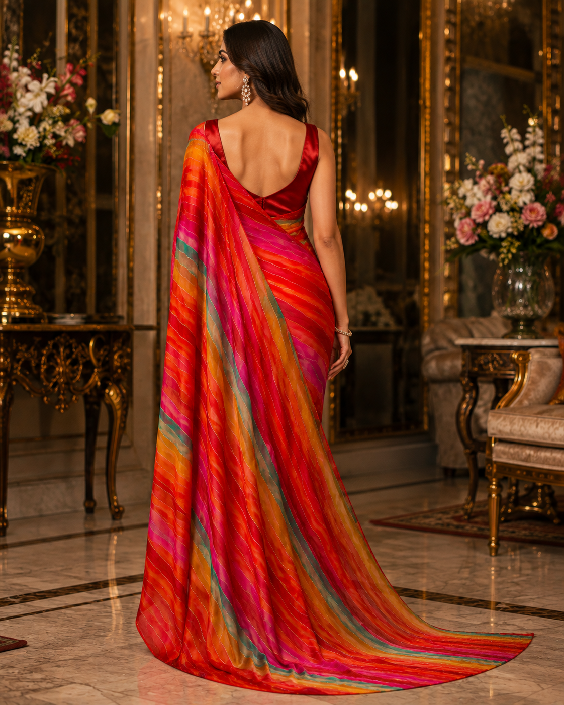 Multicolor Digital Print Leheriya Tabby Silk Saree