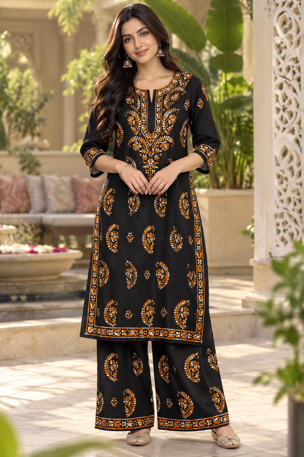 Black & Mustard Cotton Lucknowi Chikankari Kurti Palazzo Set