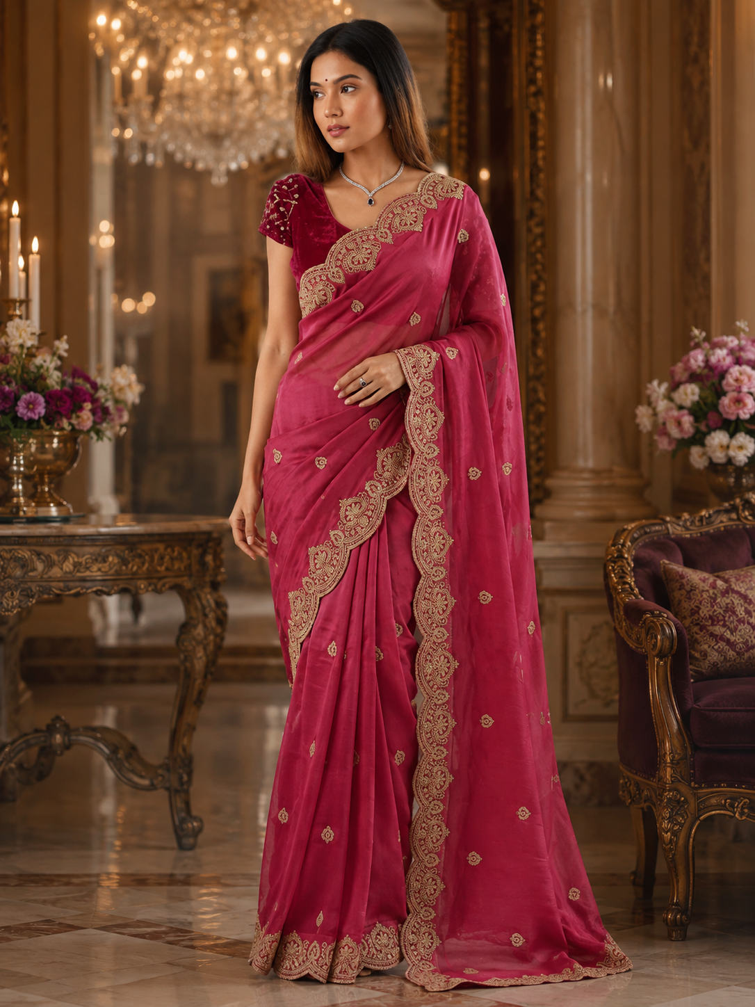 Wine Red Star Georgette Saree