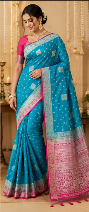 Royal Turquoise Georgette Butta Saree with Pink Zari Border