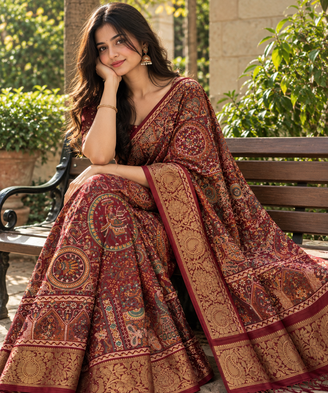 Pure Marshmallow Silk Saree with Kalamkari Folk Printed Motif