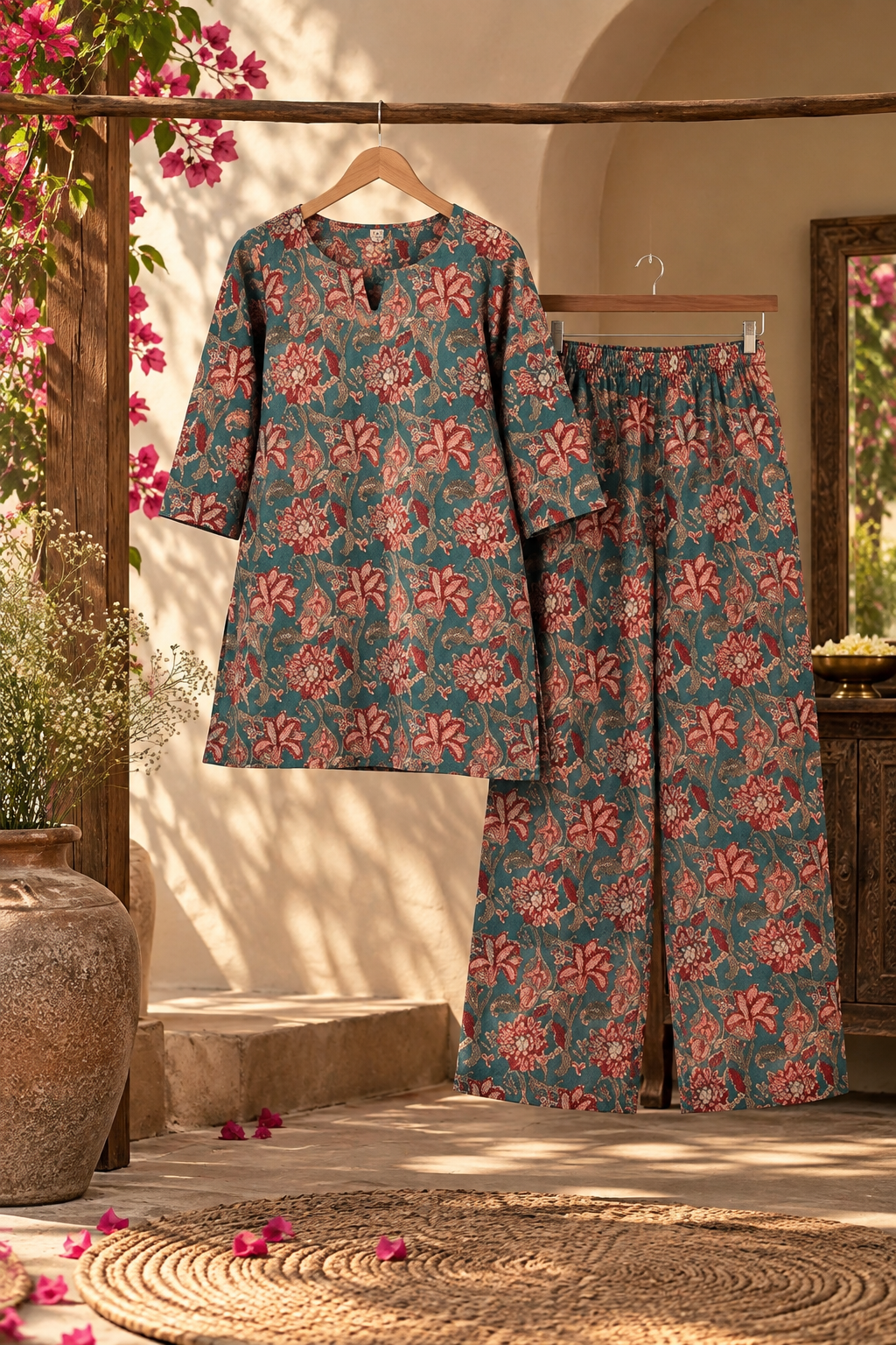 Teal Kalamkari Floral Printed Cotton Co-Ord Set