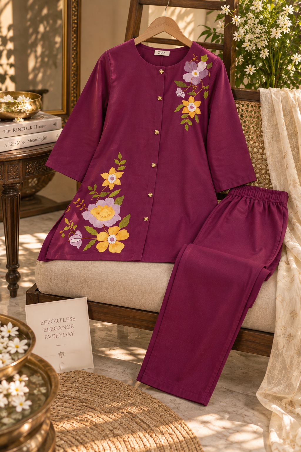Plum Floral Embroidered Cotton Co-Ord Set