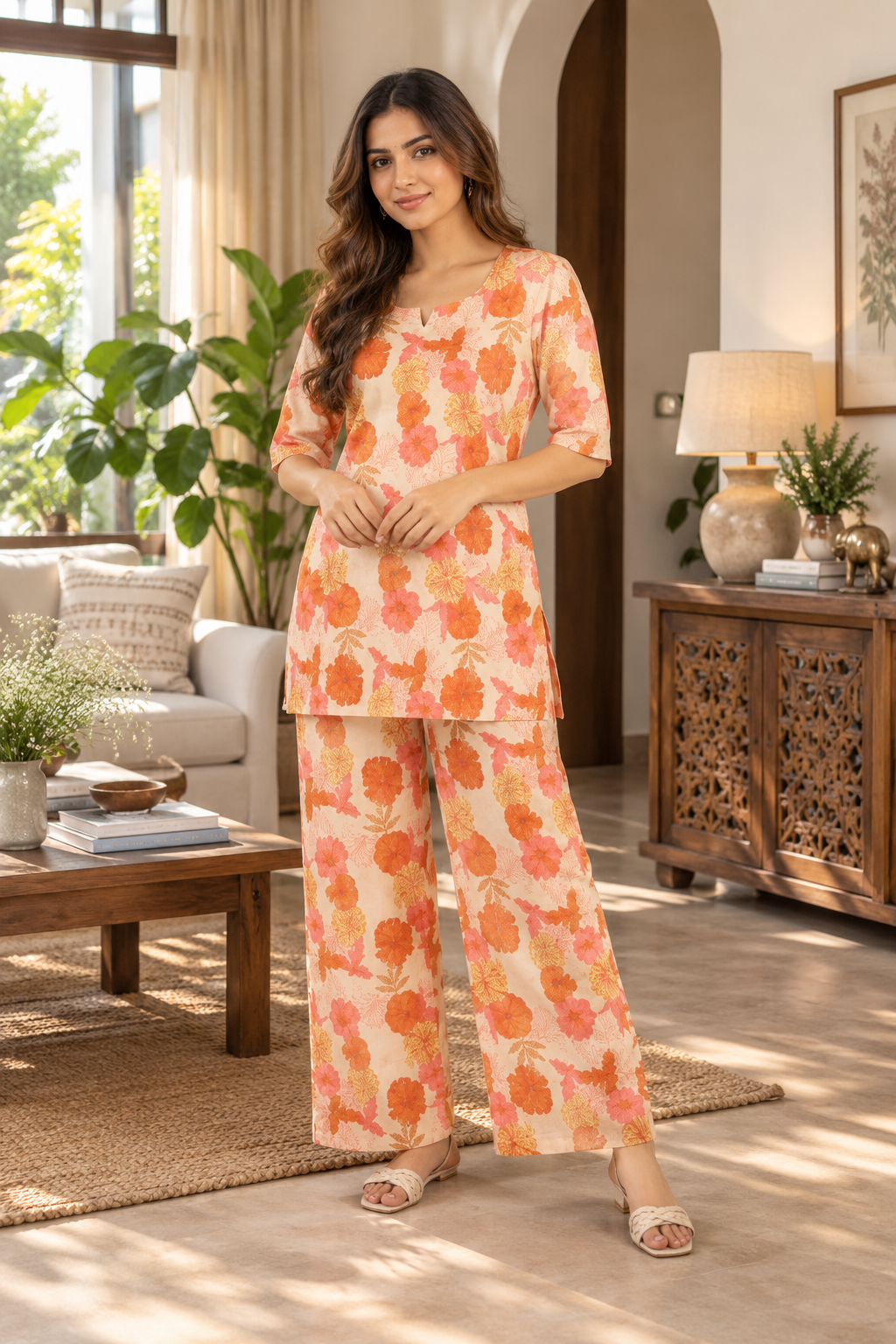 Peach Floral Printed Cotton Co-Ord Set