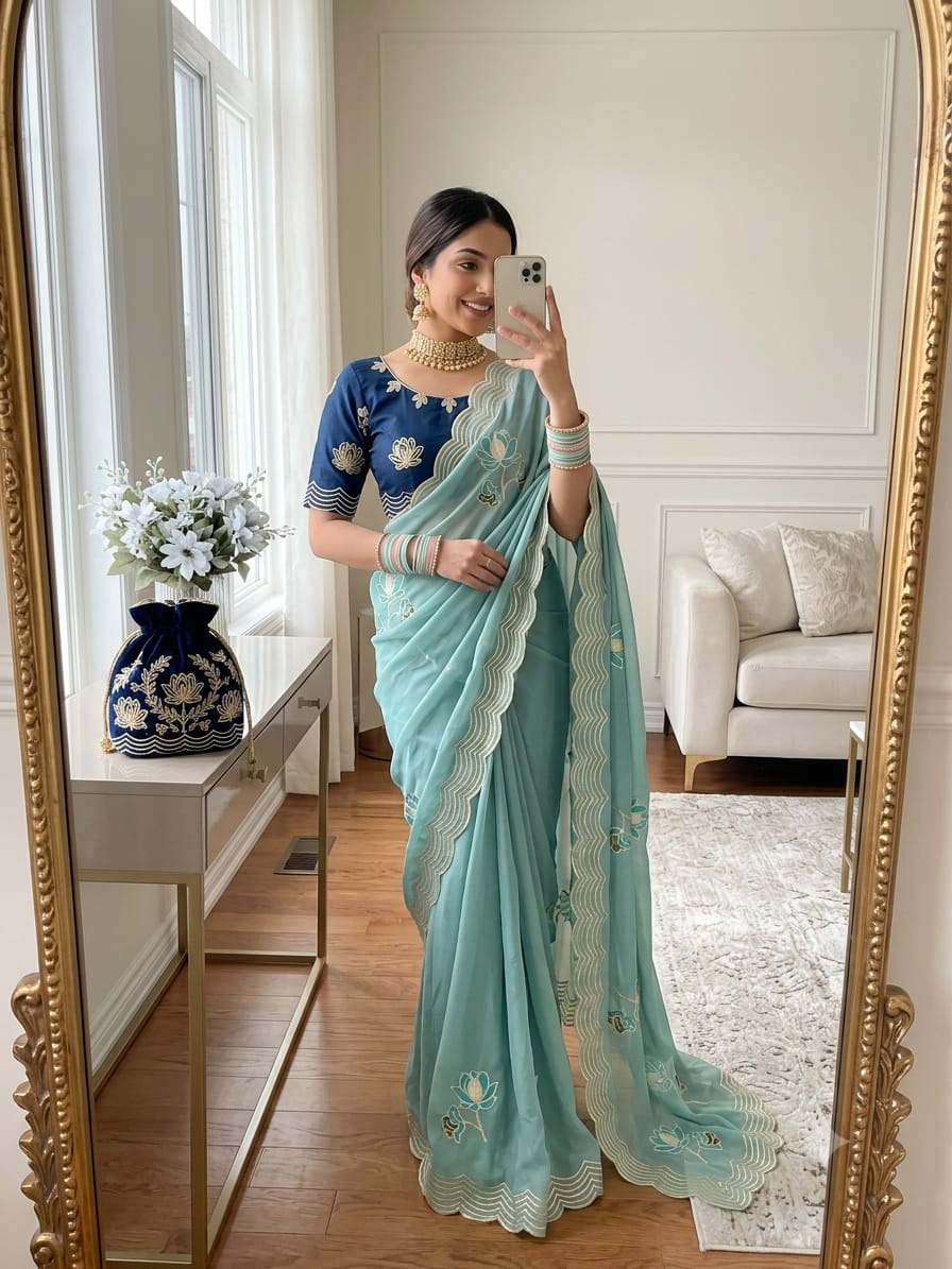 Pastel Powder Blue Organza Silk Saree with Hand Ribbon