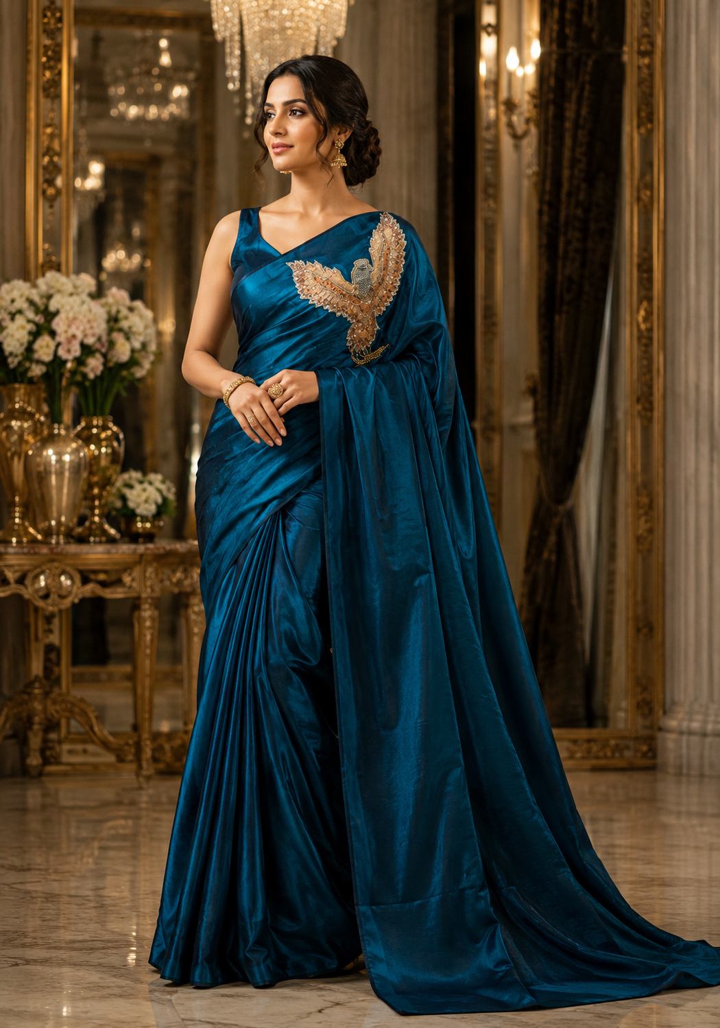 Peacock Blue Soft Space Silk Saree with Handcrafted Eagle Patch