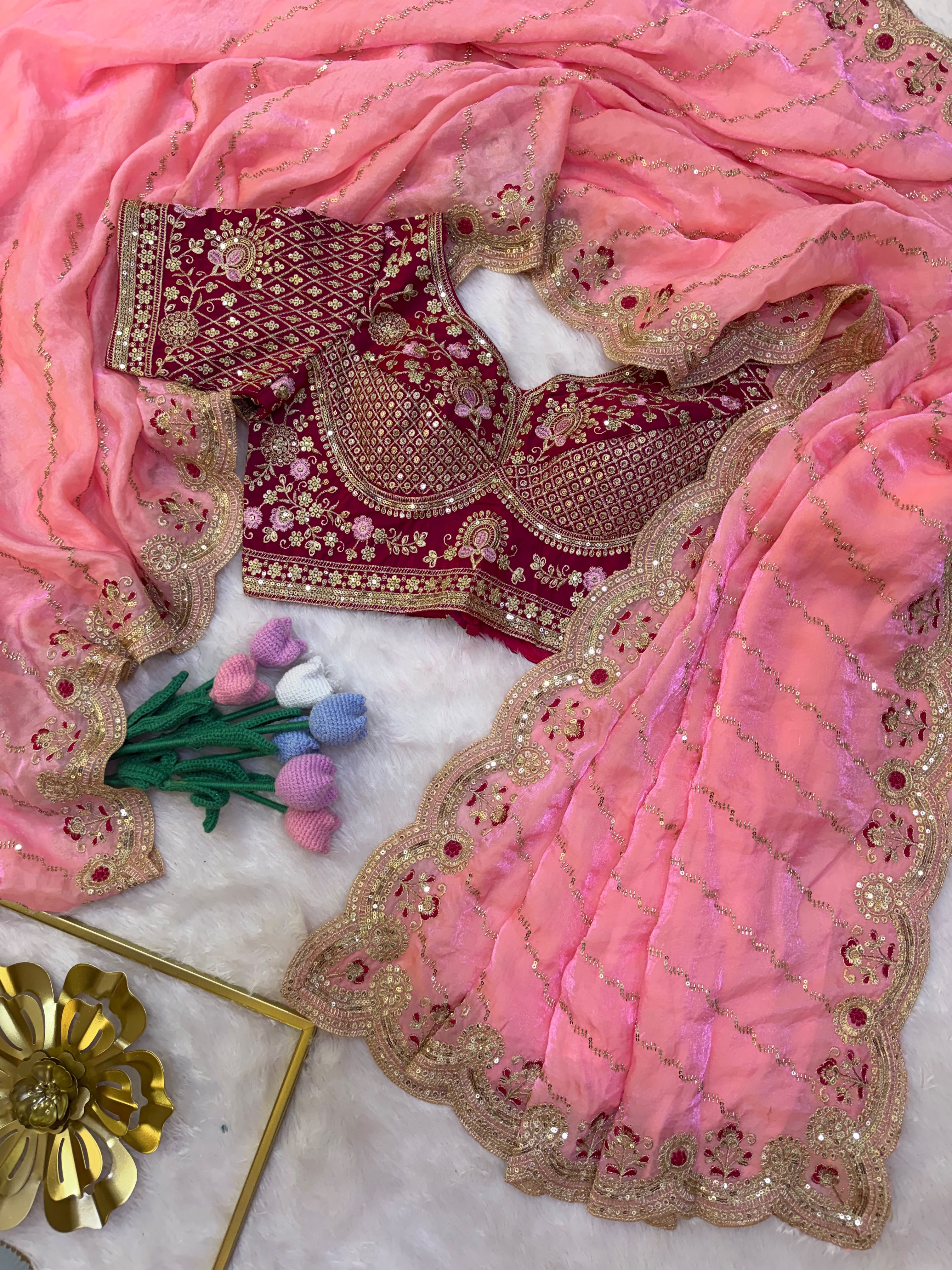 Premium Designer Space Silk Saree with Bead Sequins & Zari Embroidery