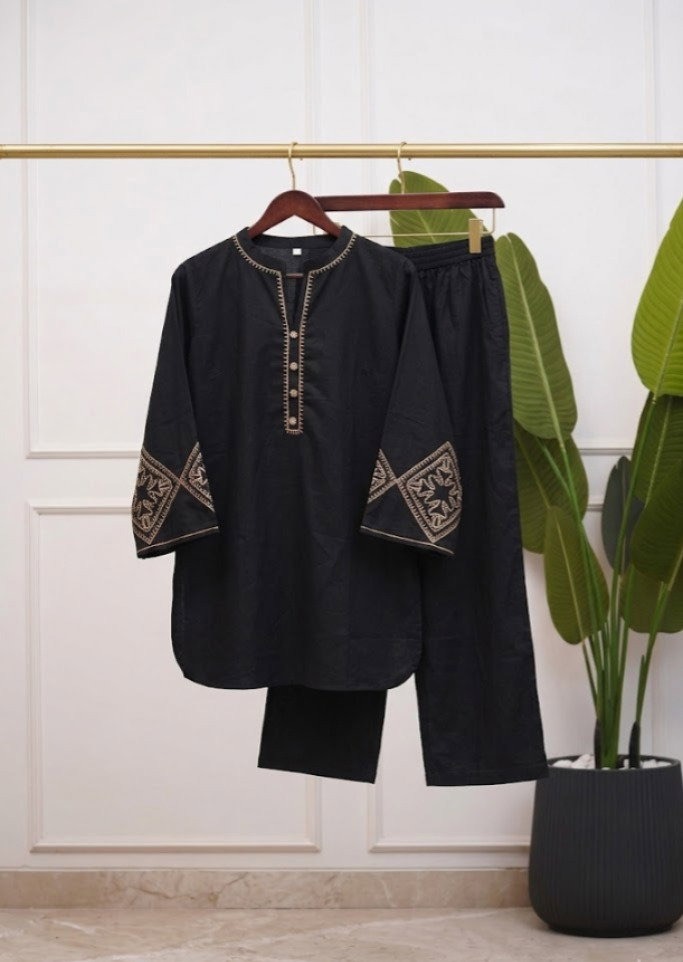 Jet Black Embroidered Cotton Co-Ord Set