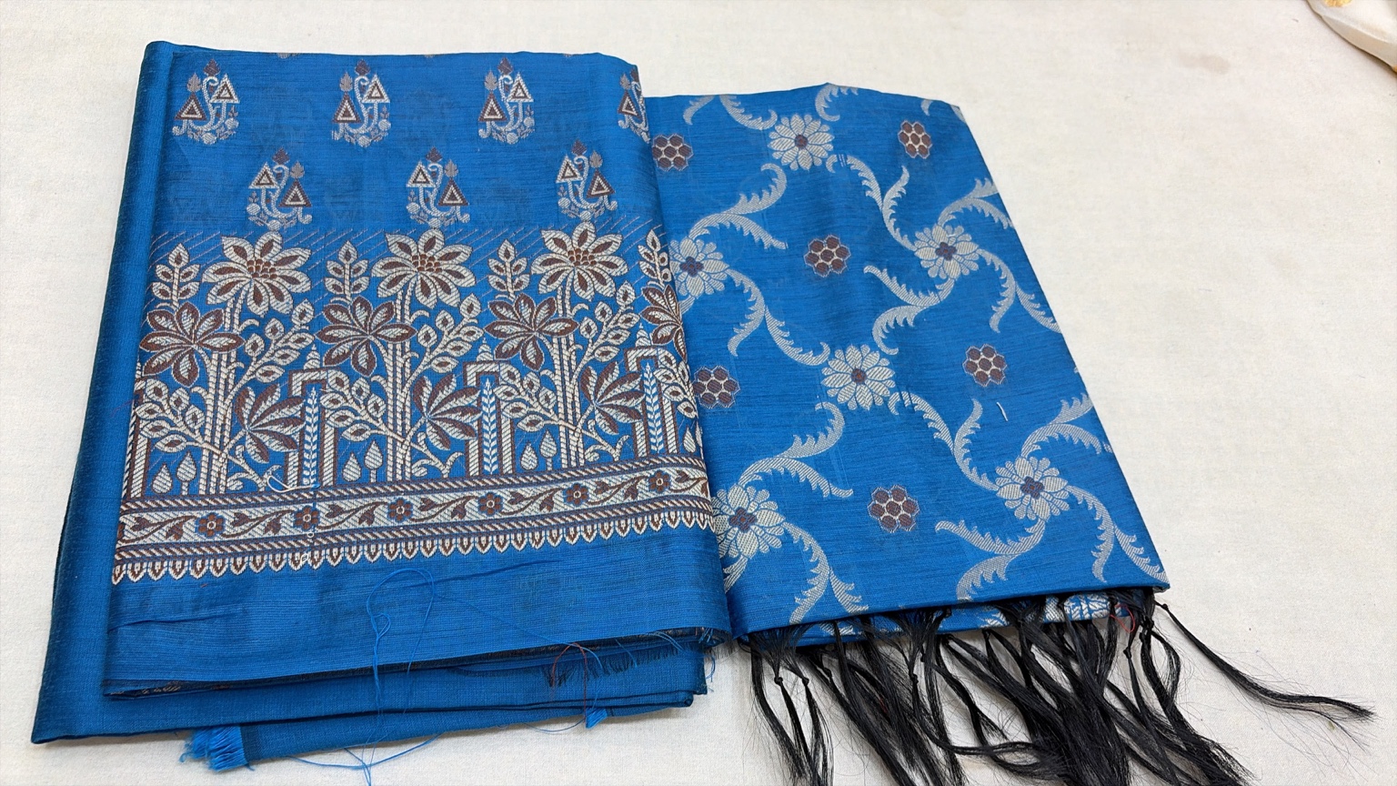 Ocean Blue Unstitched Cotton Silk Suit Set with Silver & Gold Zari Weaving