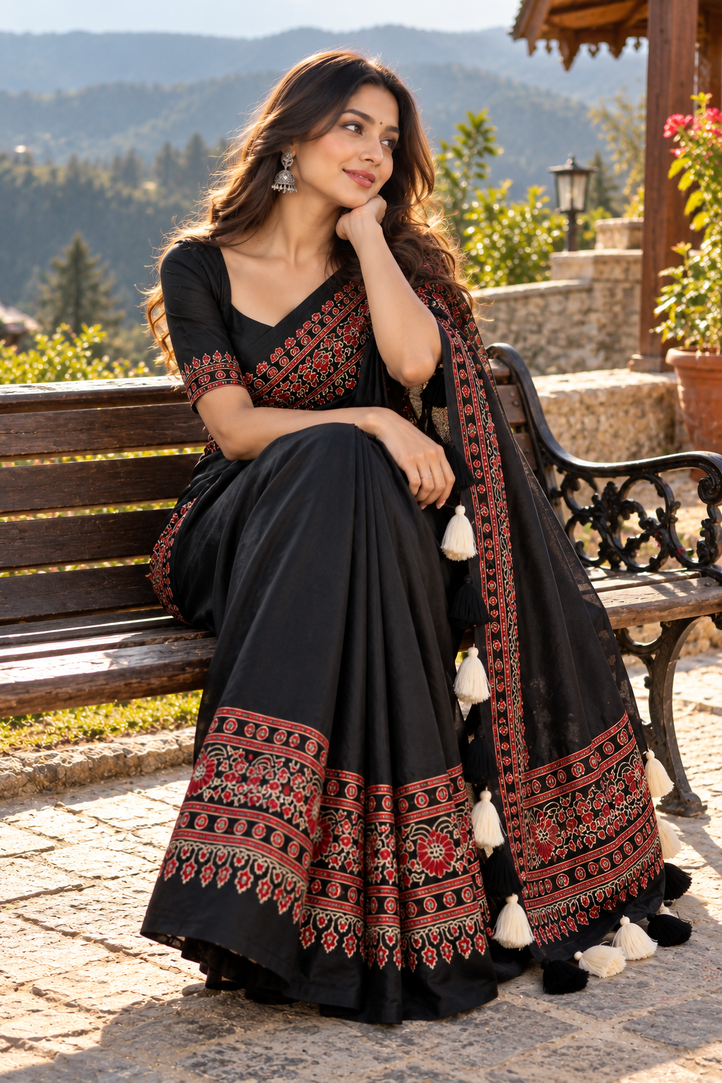 Black Premium Ajrakh Printed Crepe Gajji Silk Saree with Designer Latkan & Blouse