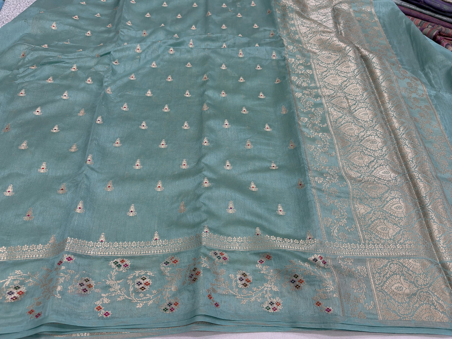Sea Green Chiniya Moonga Silk Saree with Silver Zari Bootis