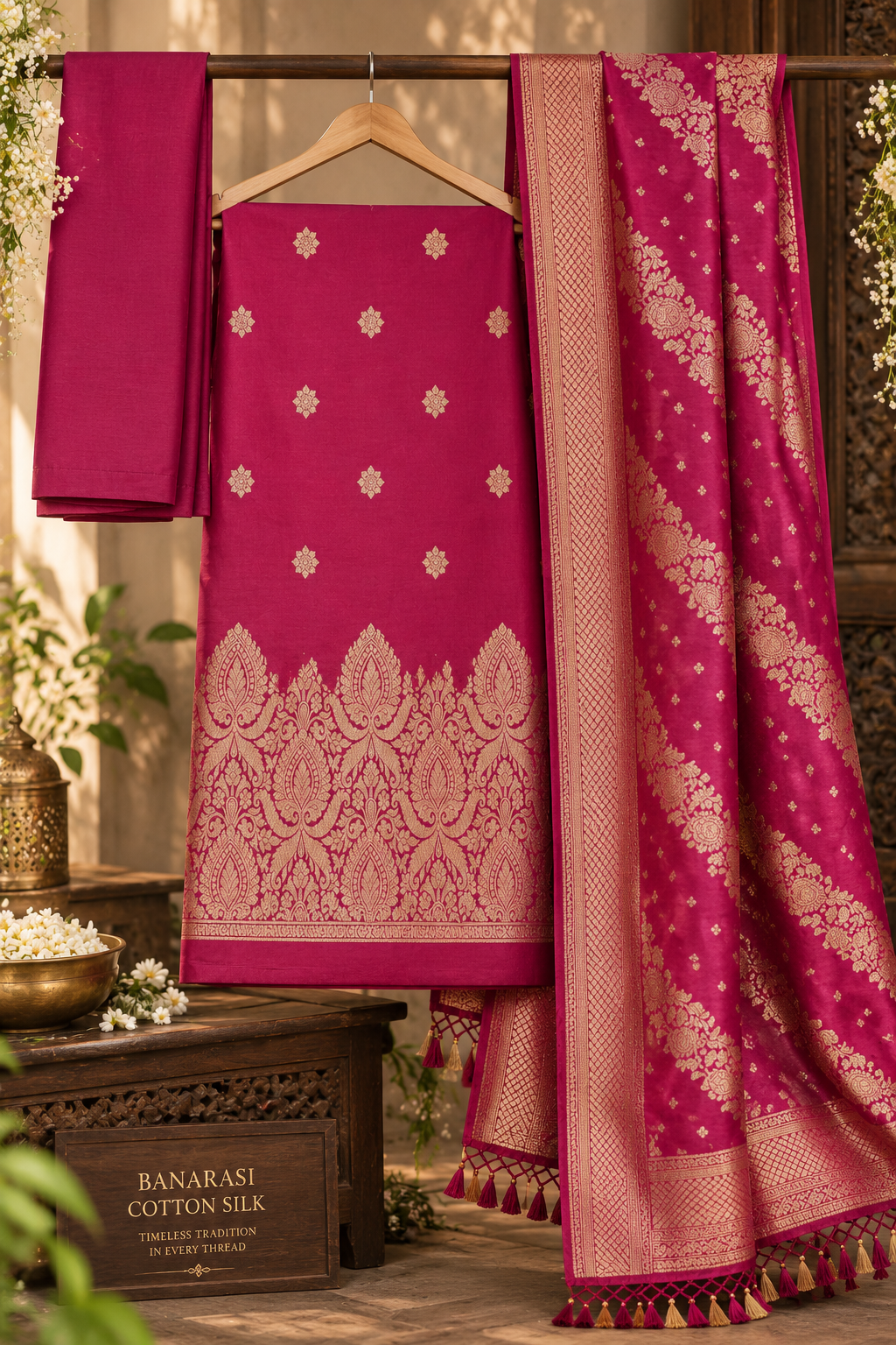 Magnificent Banarasi Zari Woven Unstitched Moonga Silk 3-Piece Suit Set with Diagonal Floral Dupatta