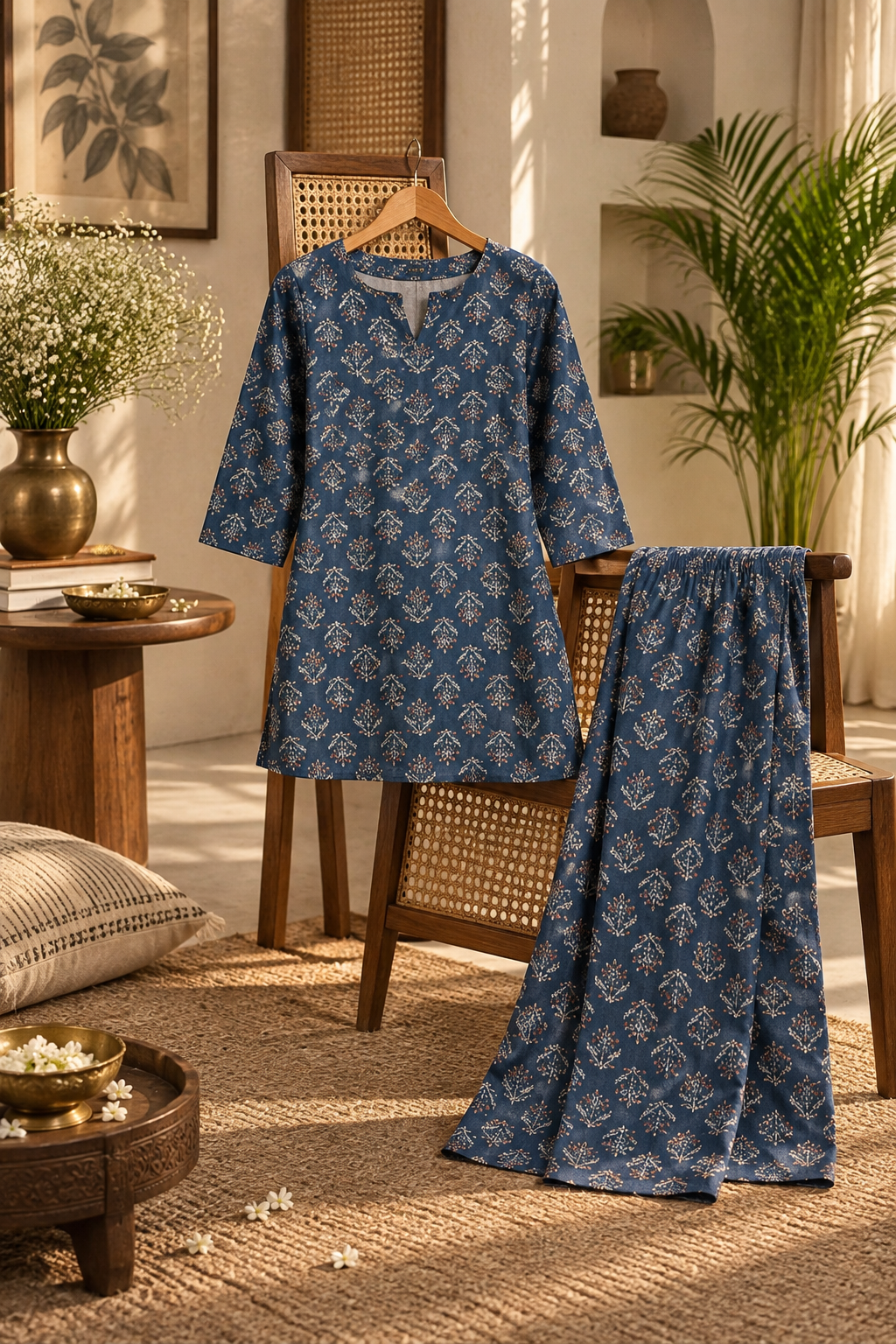 Indigo Floral Block Printed Cotton Co-Ord Set