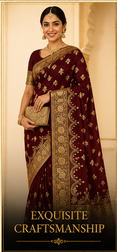 Deep Coffee Mahogany Pure Katan Silk Banarasi Saree