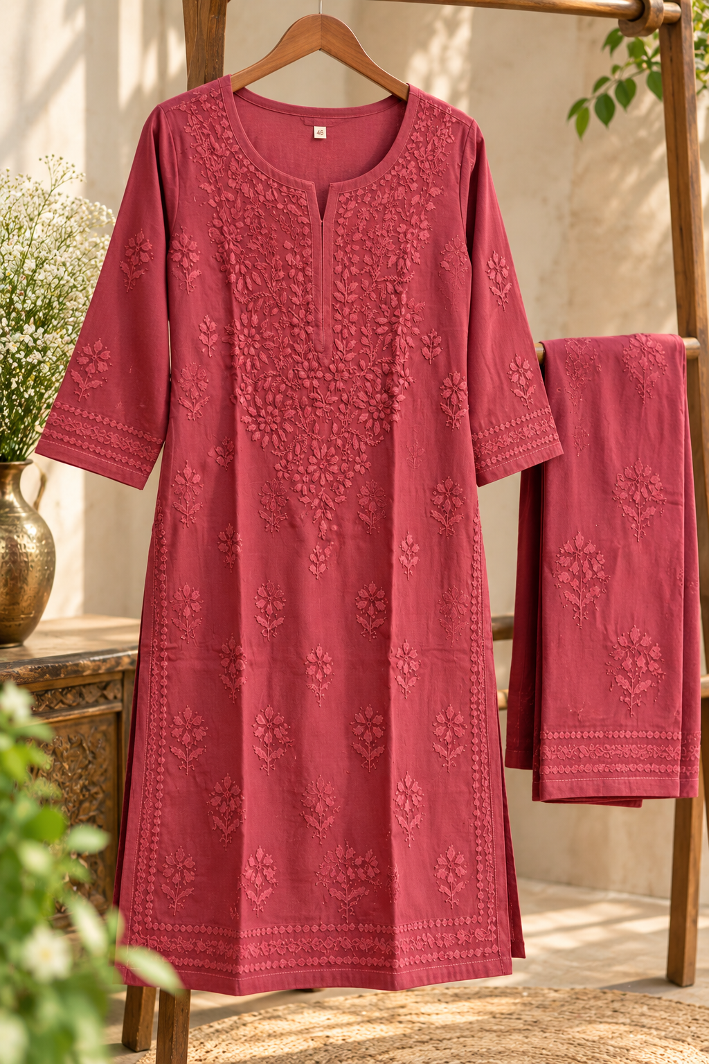Maroon Rose Lucknowi Chikankari Cotton Kurti Set with Palazzo