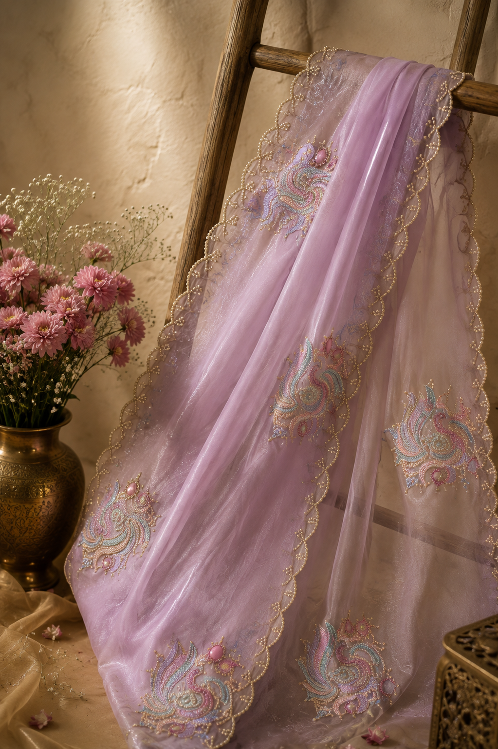 Designer Fendi Silk Saree with Handcrafted Motif