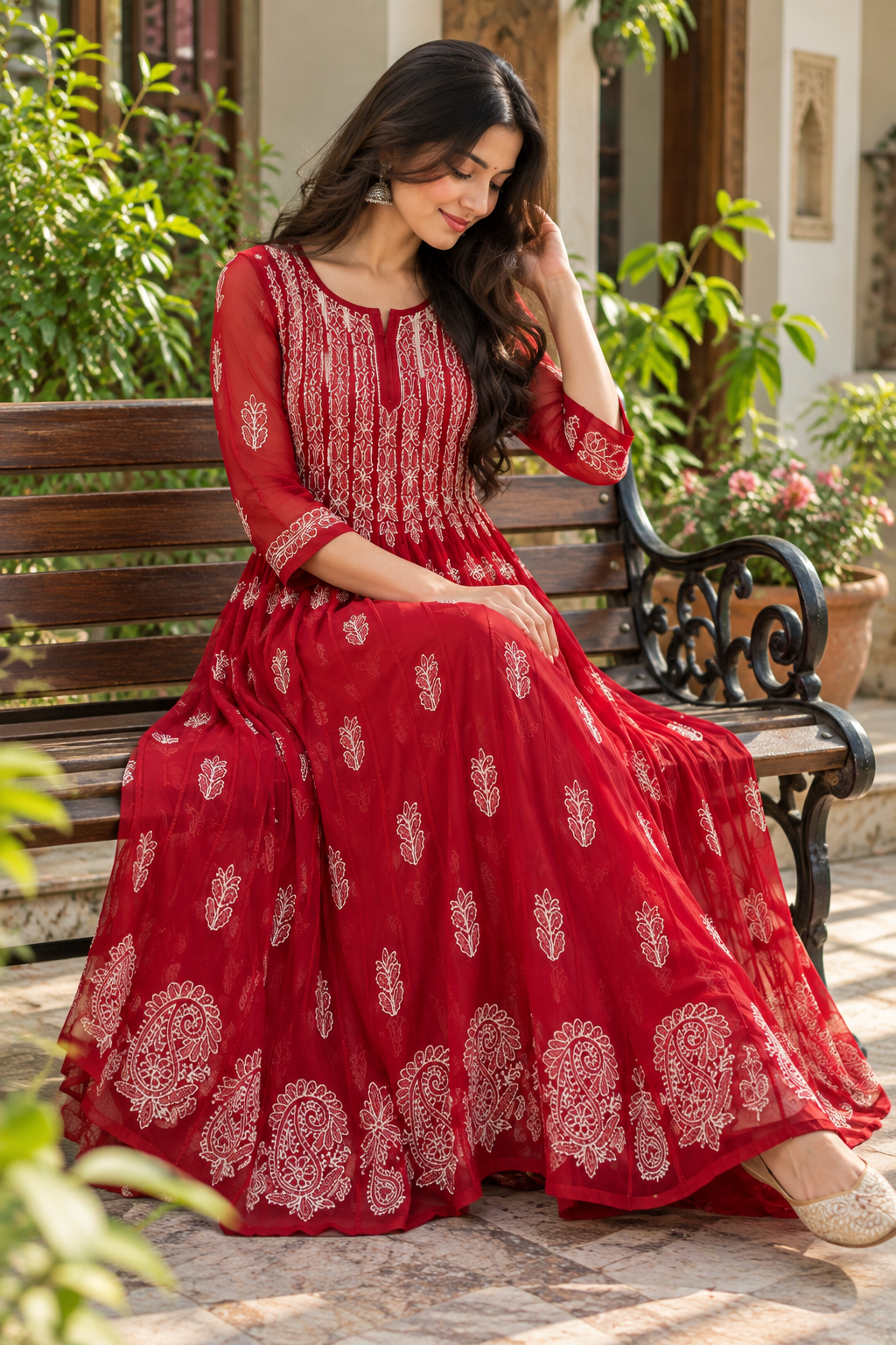 Red Georgette Lucknowi Chikankari Anarkali Kurti with White Embroidery