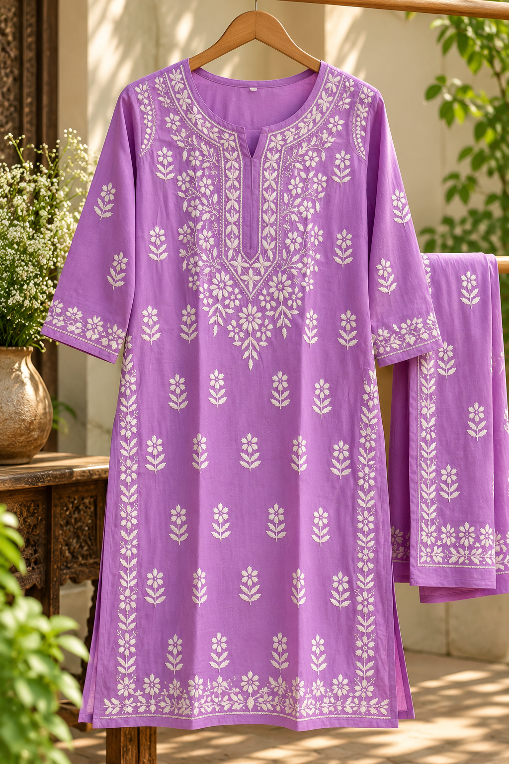 Bright Orchid Lilac Lucknowi Chikankari Cotton Kurti Set with Palazzo