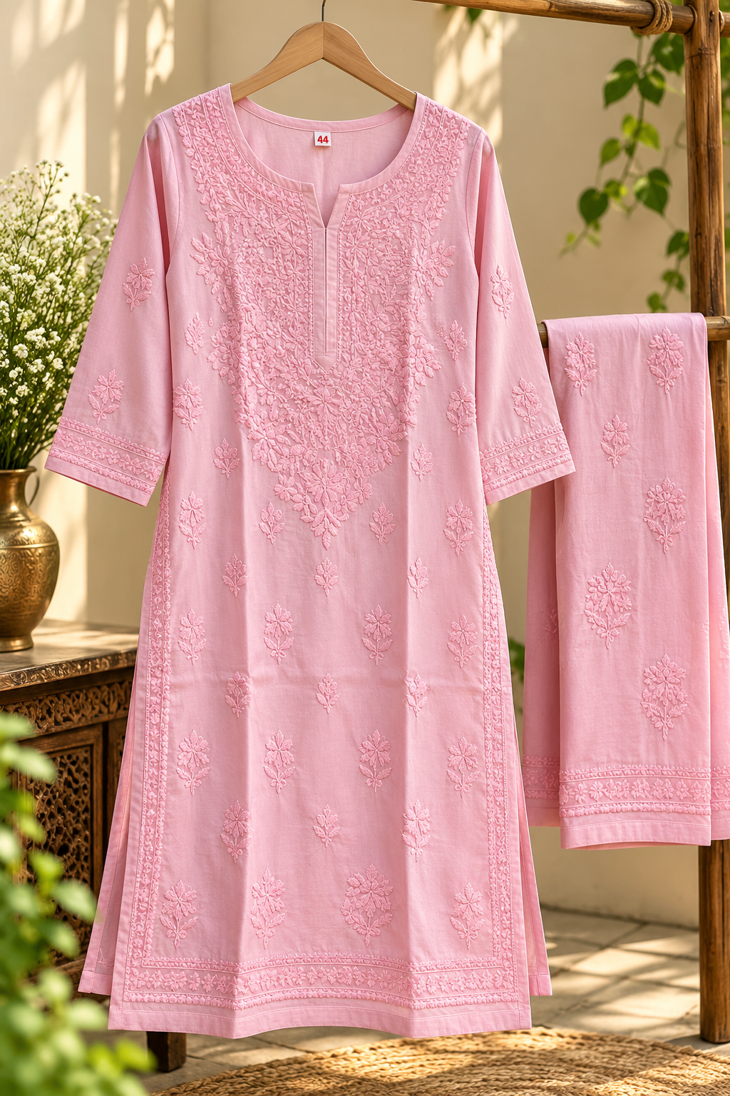 Baby Pink Chanderi Silk Lucknowi Chikankari Kurti Set with Palazzo