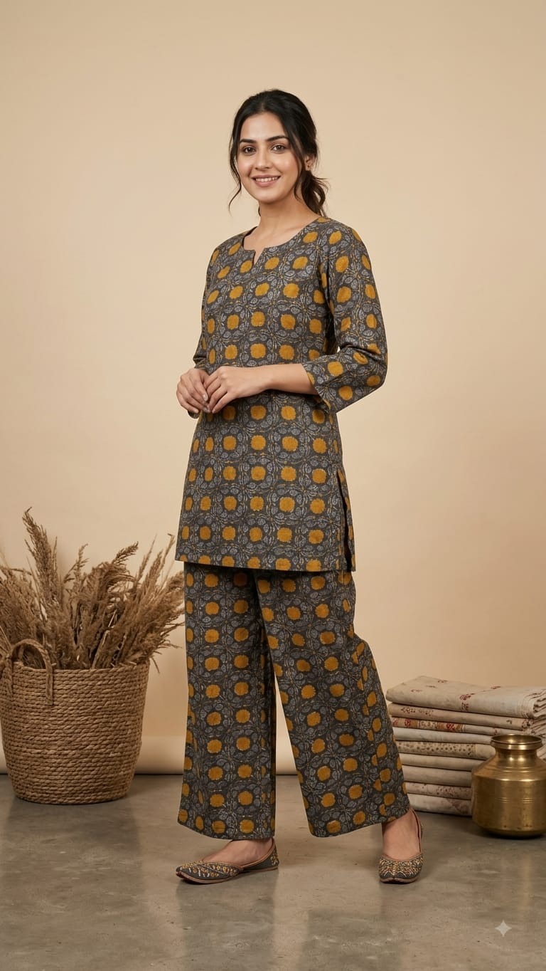 Charcoal & Mustard Geometric Printed Cotton Co-Ord Set