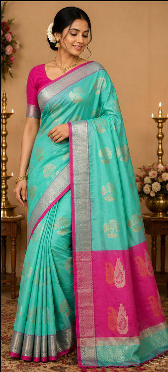 Green Printed Semi Katan Silk Saree with Contrast Rani Pink Border