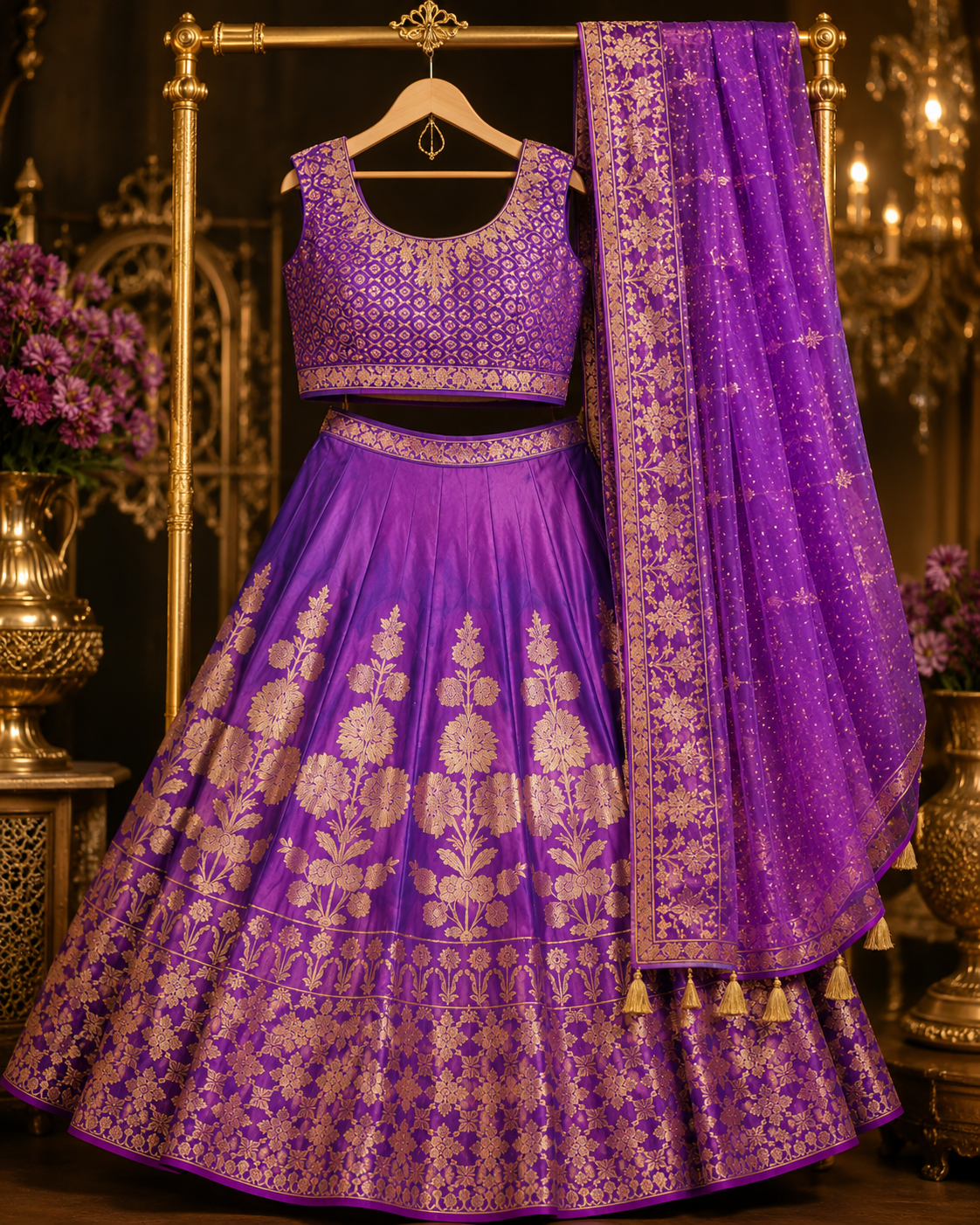 Royal Purple Art Silk Lehenga Choli with Golden Floral Zari