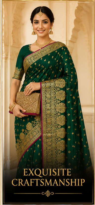 Emerald Bottle Green Pure Katan Silk Banarasi Saree