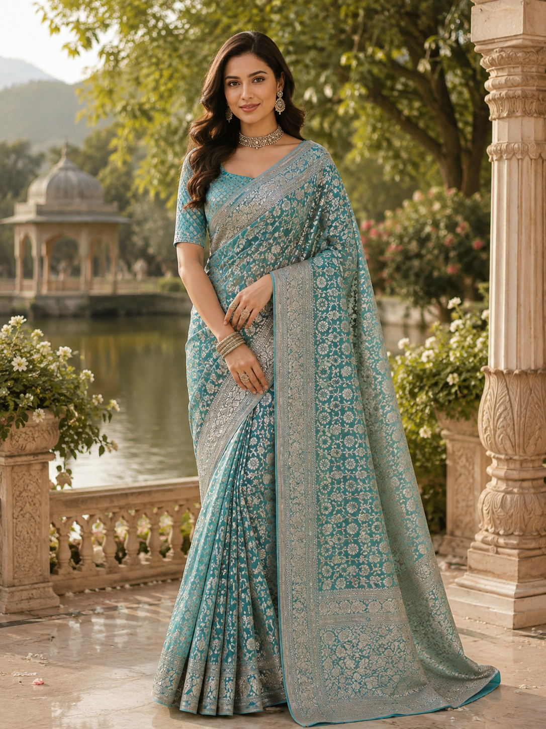 Sky Blue Chiffon Saree with Elegant Silver Zari Floral Weave