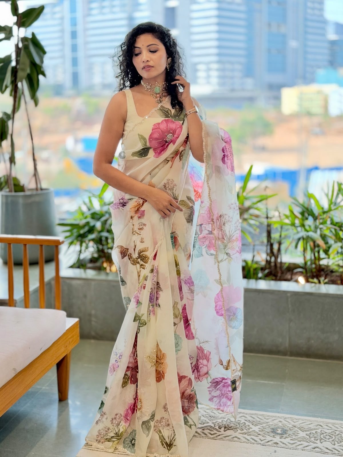Soft Tebi Silk Digital Floral Print Saree with Val Moti Handwork